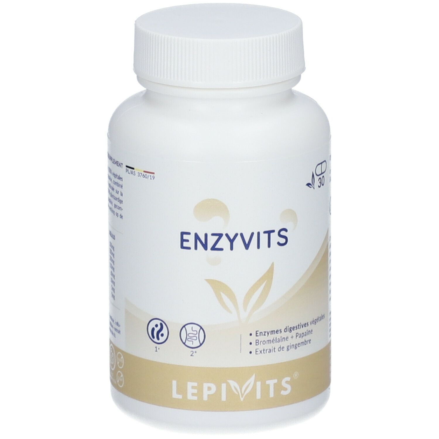 Flacon blanc LEPIVITS Enzyvits. Inscription ENZYVITS et ingrédients. Bouchon en haut.