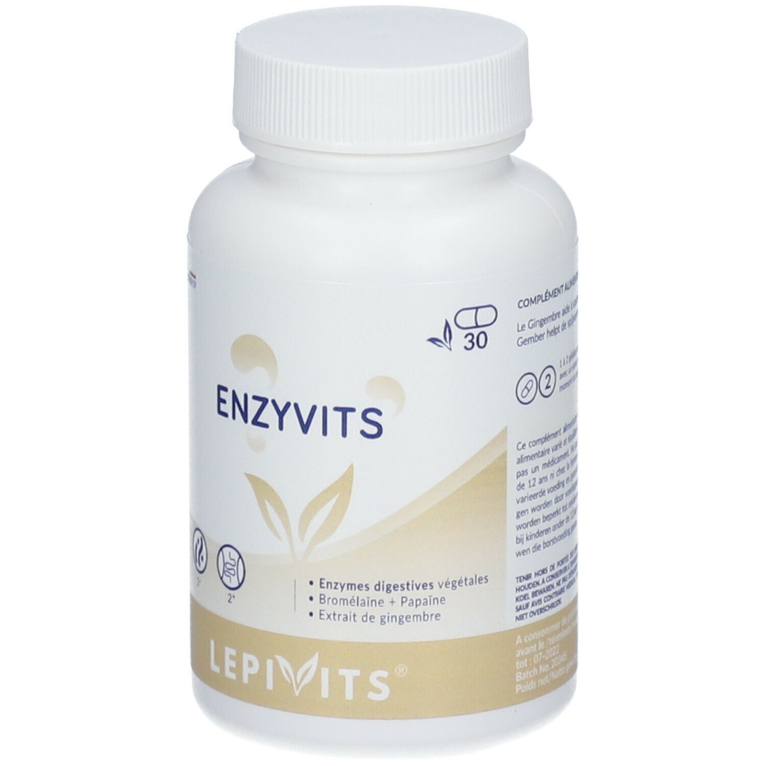 Flacon blanc LEPIVITS Enzyvits. Inscription ENZYVITS et ingrédients. Bouchon en haut.