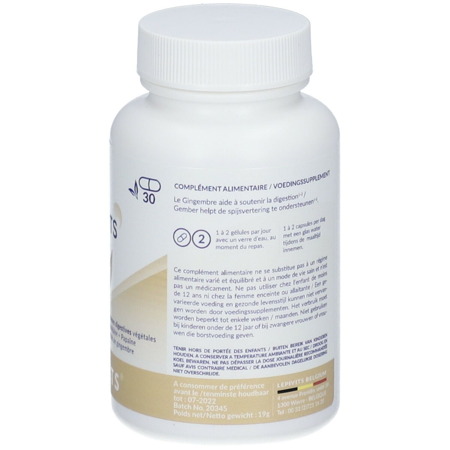 Dos du flacon blanc LEPIVITS Enzyvits. Texte avec recommandations et ingrédients.