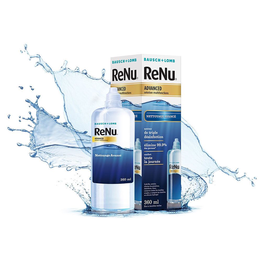 Bausch + Lomb ReNu Advanced. Flacon et emballage. Solution pour lentilles. Éclaboussures d'eau.