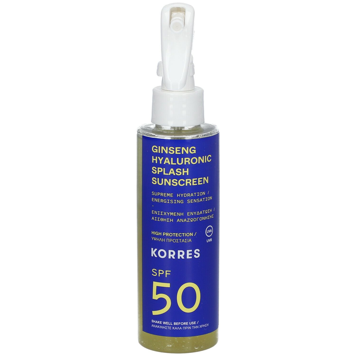 Flacon spray blanc et étiquette bleue. Texte: Ginseng Hyaluronic Splash Sunscreen, SPF 50, KORRES.