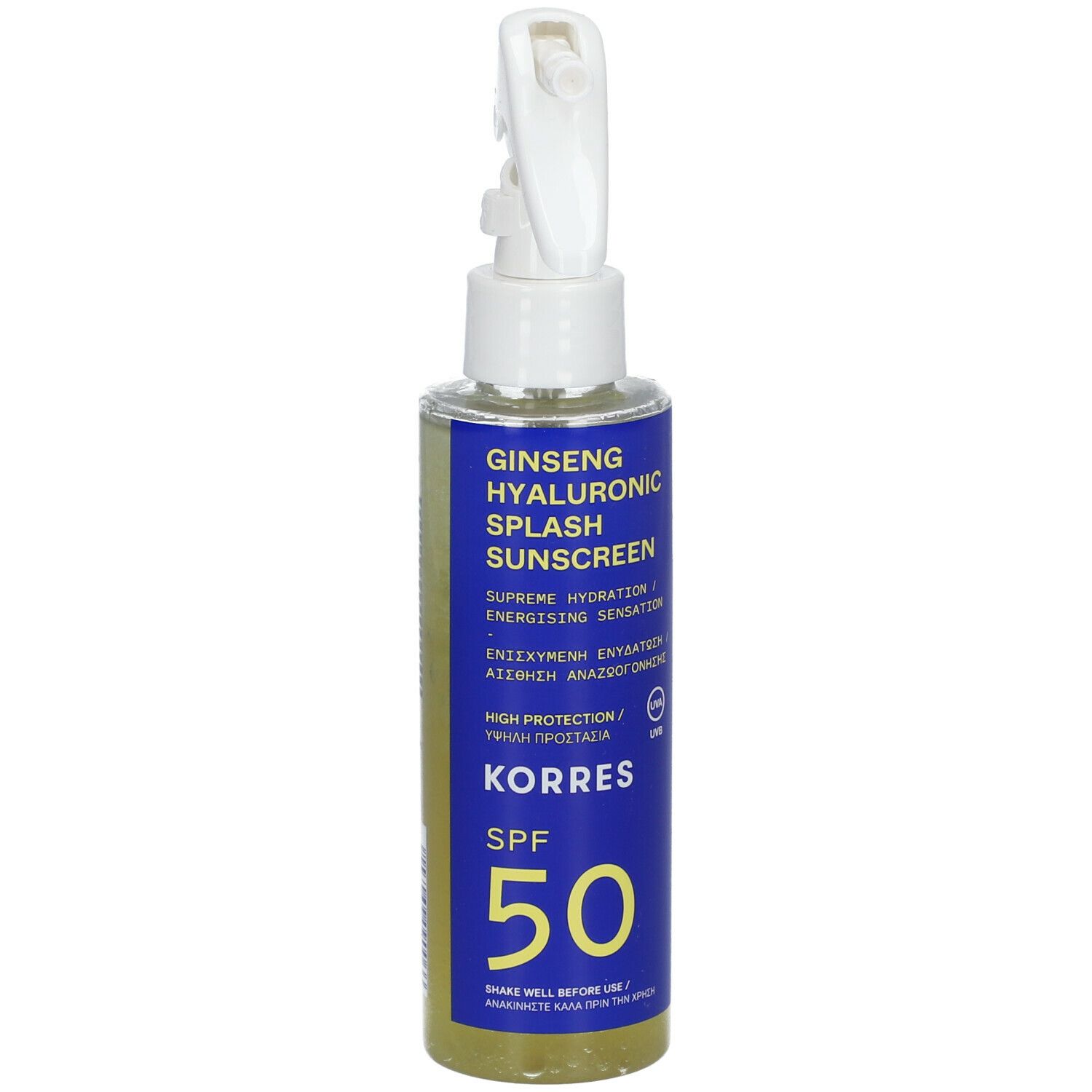 Flacon spray blanc et étiquette bleue. Texte: Ginseng Hyaluronic Splash Sunscreen, SPF 50, KORRES.