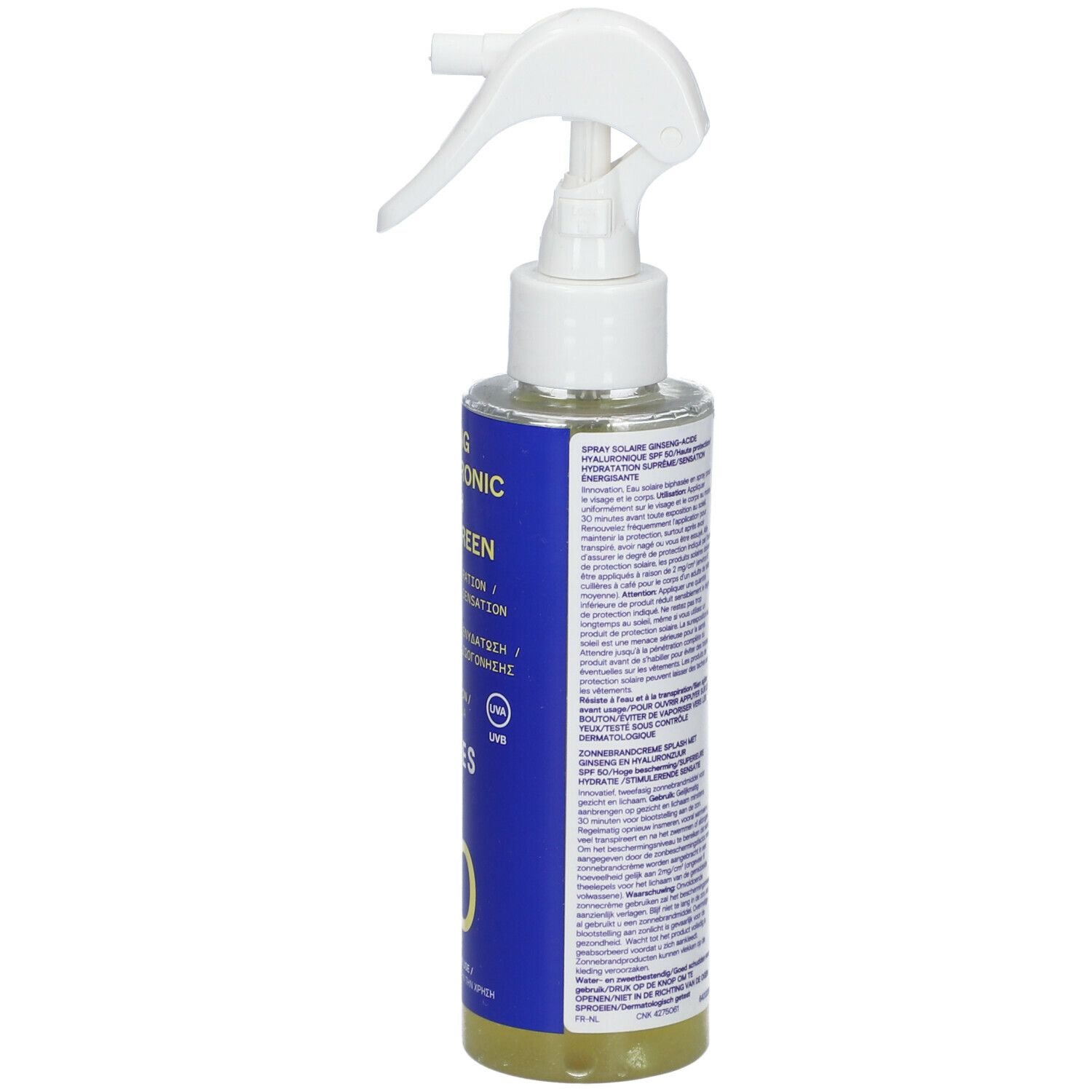 Flacon spray blanc. Étiquette bleue avec texte. Dos avec ingrédients.