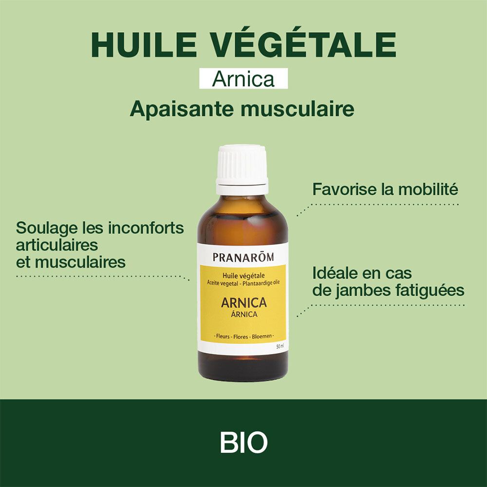 Flacon d'huile d'Arnica. Étiquette jaune avec texte. Marque : Pranarôm. Certification Bio.