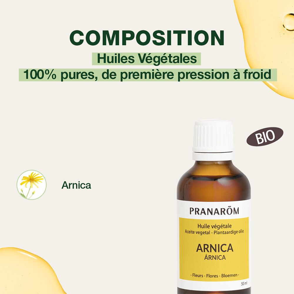 Flacon d'huile d'Arnica. Étiquette jaune avec texte. Marque : Pranarôm. Certification Bio.