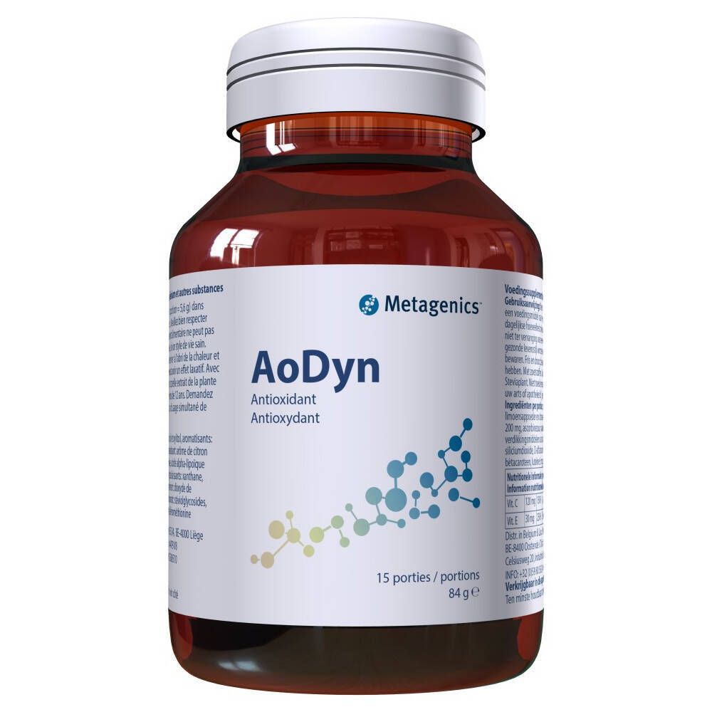 Flacon brun avec couvercle blanc. Inscription : AoDyn, antioxydant. Marque : Metagenics. 15 portions.