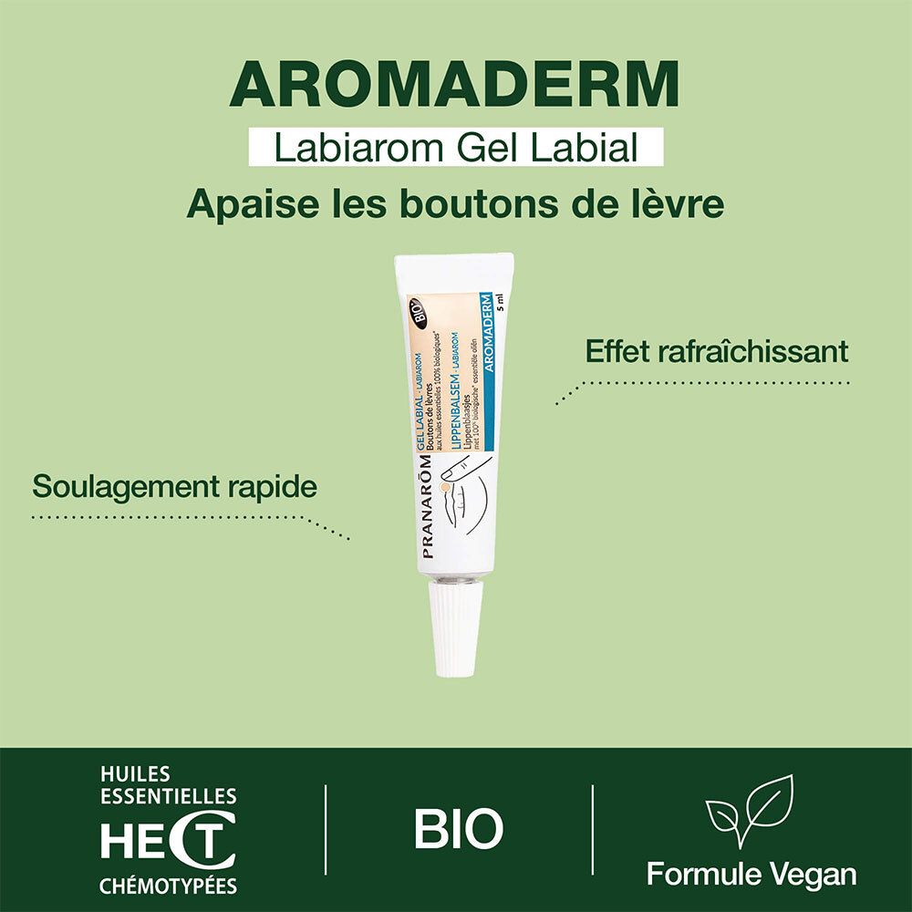 Tube PRANAROM Gel Labial. Inscription : Aromaderm, BIO. Textes : Soulagement rapide, Effet rafraîchissant.