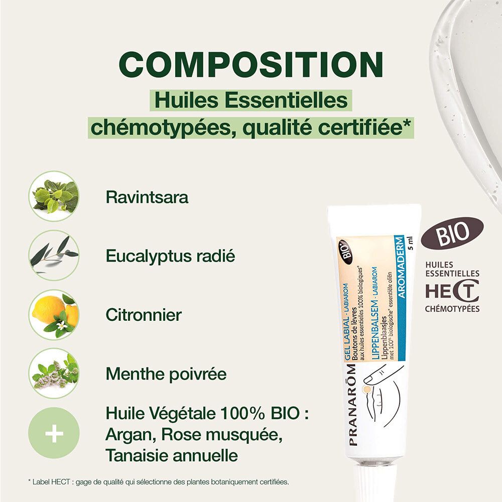 Liste des ingrédients et tube PRANAROM Gel Labial. Inscription : BIO, HECT. Contient des huiles essentielles.