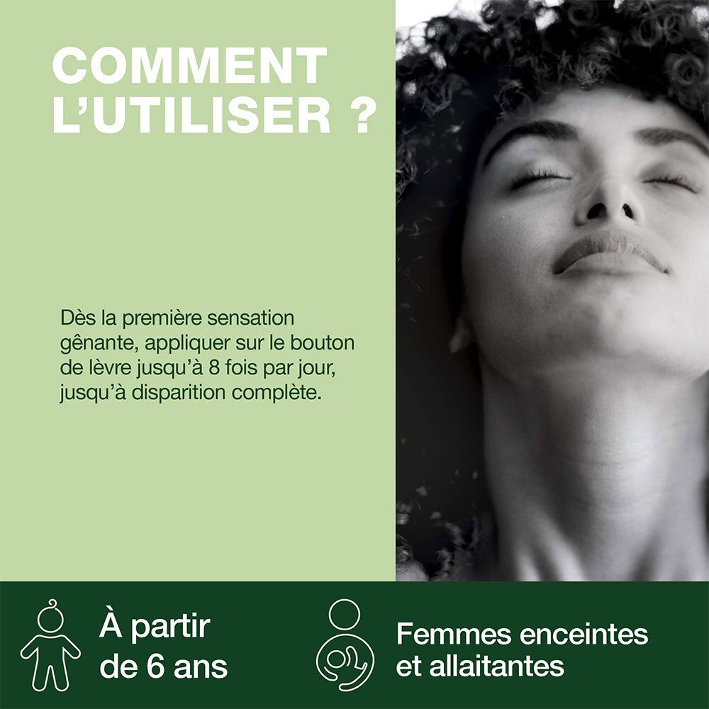 Femme aux yeux fermés. Texte : Utilisation à partir de 6 ans, femmes enceintes et allaitantes.