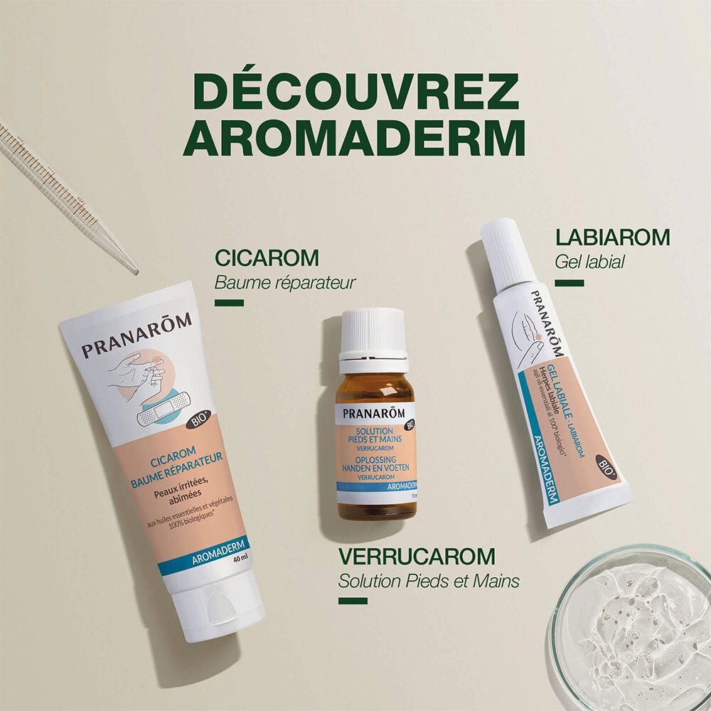 Trois produits : Cicarom, Verrucarom et Labiarom Gel. Tous avec PRANAROM et Aromaderm.