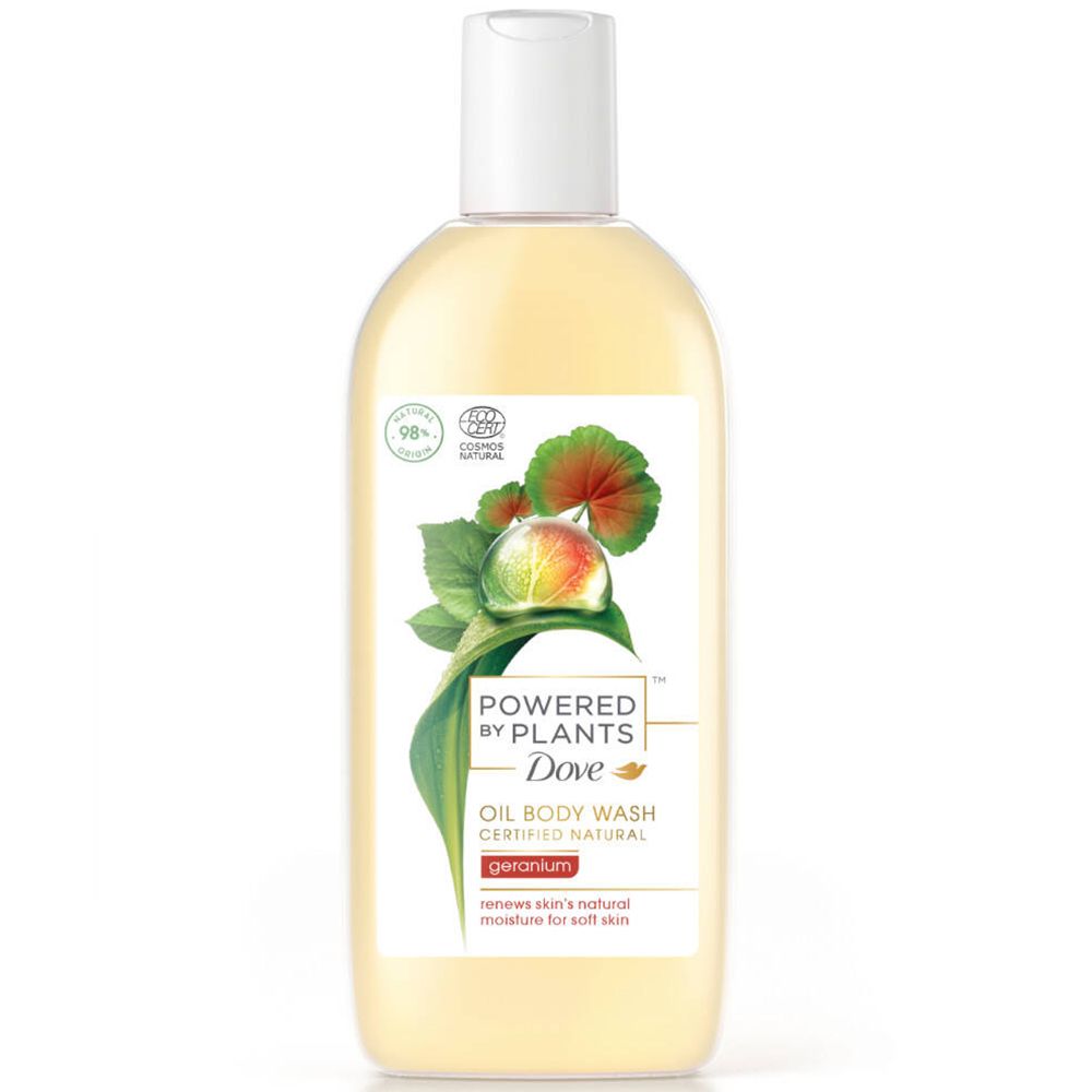 Flacon d'huile lavante pour le corps avec bouchon blanc. Étiquette avec motif végétal et texte 'Powered by Plants' et 'Geranium'.