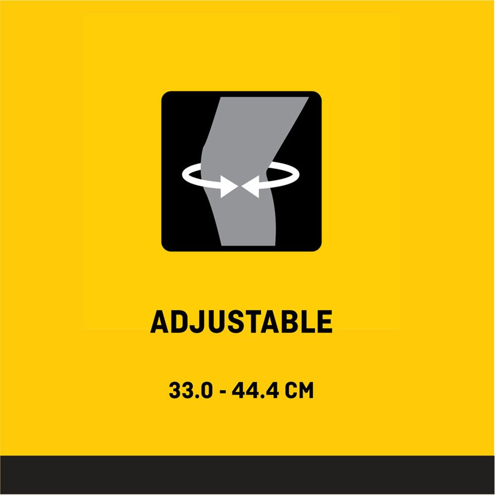 Genouillère grise avec ouverture et attaches velcro. Arrière de l'emballage.