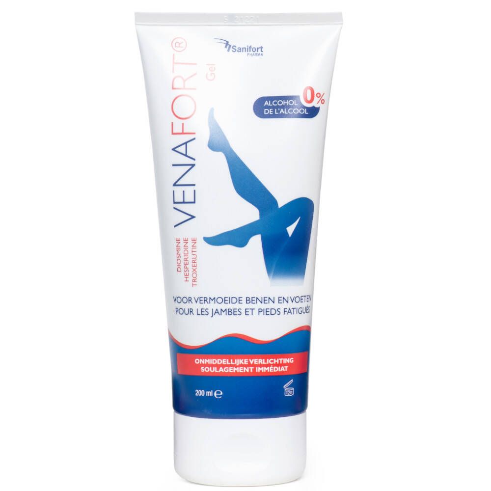 Tube blanc et bleu avec nom du produit et illustration de jambes. Texte: 'Pour les jambes et pieds fatigués'.