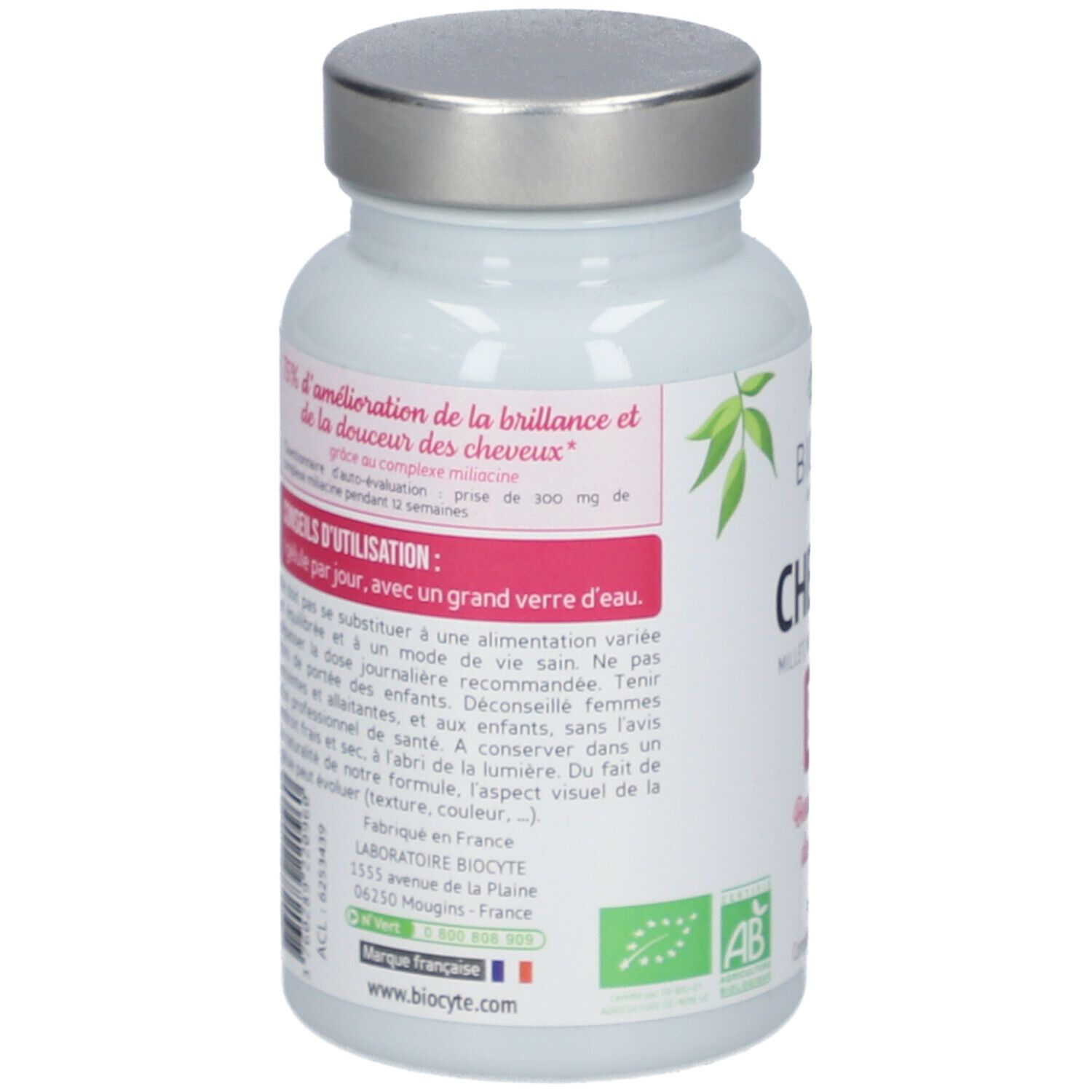 Dos du flacon blanc. Texte: ingrédients, conseils d'utilisation. Label AB bio. Adresse du fabricant.