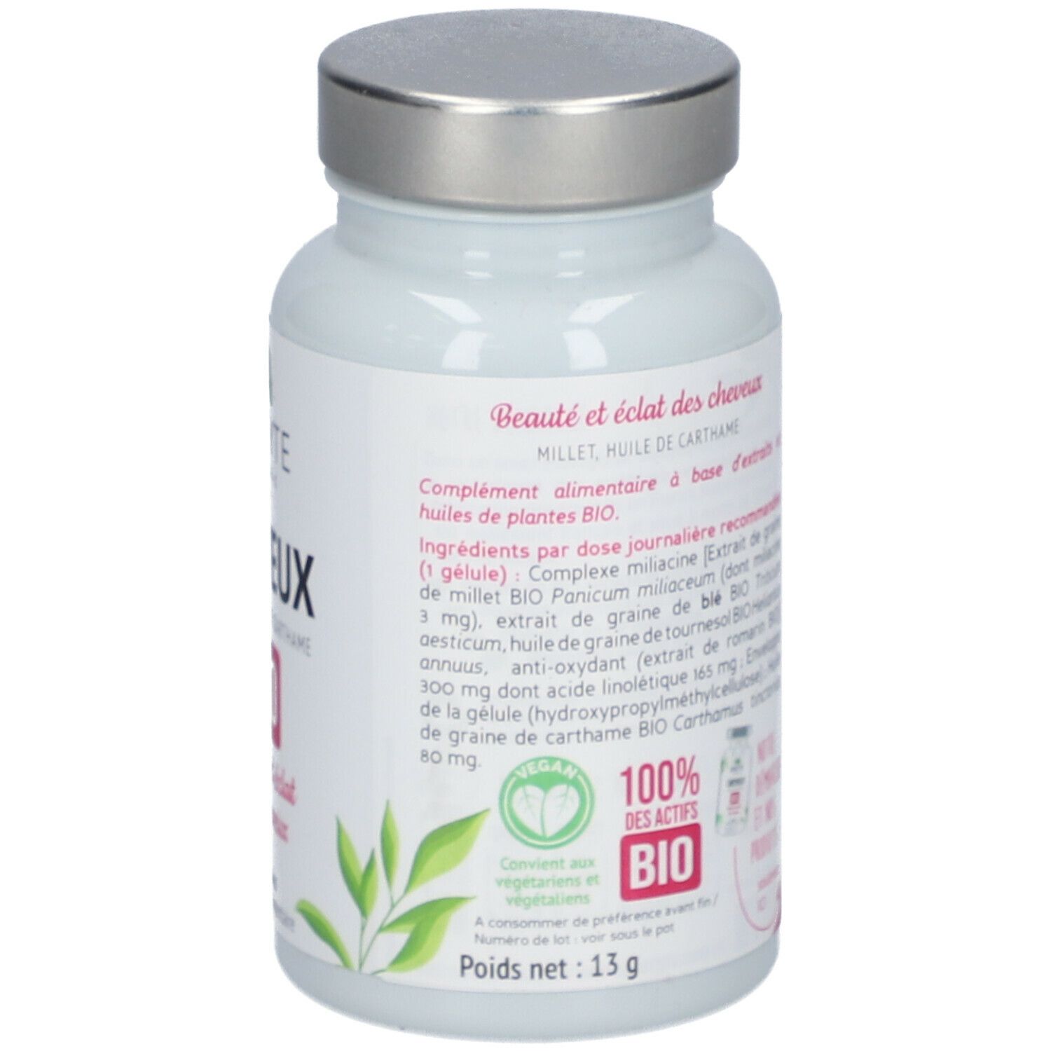 Flacon blanc, bouchon argenté. Inscription: CHEVEUX, BIO. 100% des actifs BIO. Label AB bio. Poids net: 13g.