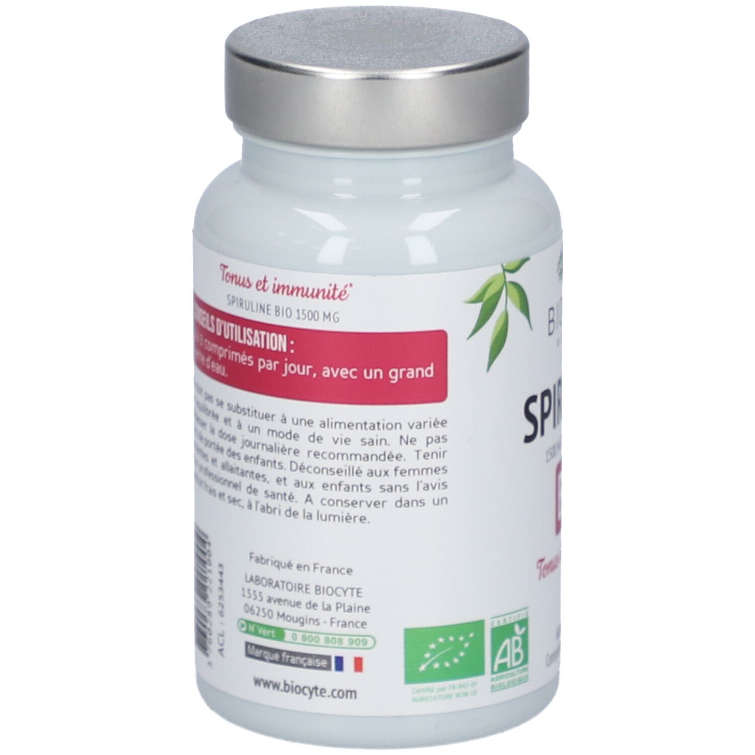 Dos d'un flacon blanc, bouchon argenté. Texte: BIOCYTE Spiruline BIO 1500 mg. Logo AB bio. Fabriqué en France.