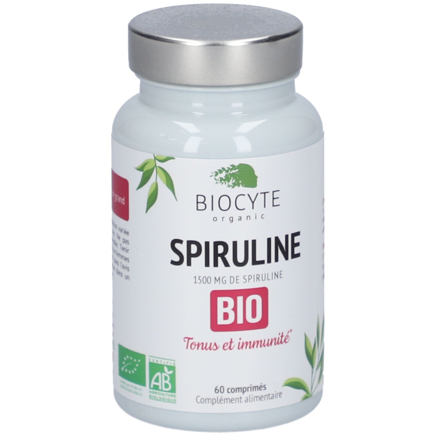 Flacon blanc, bouchon argenté. Inscription: BIOCYTE Spiruline BIO, 1500 mg, 60 comprimés. Logo AB bio.