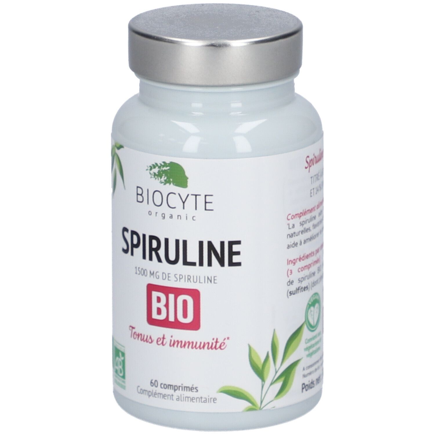 Flacon blanc, bouchon argenté. Inscription: BIOCYTE Spiruline BIO, 1500 mg, 60 comprimés. Logo AB bio.