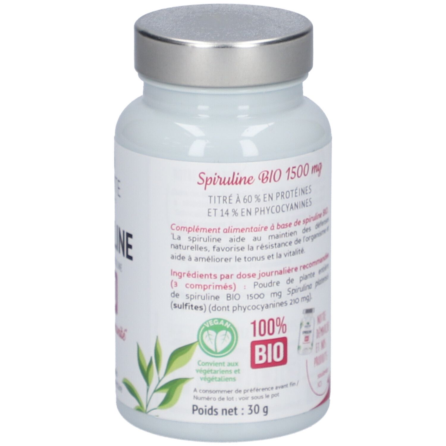 Flacon blanc, bouchon argenté. Inscription: Spiruline BIO 1500 mg. 100% BIO. Logo vegan. Contenu: 30 g.