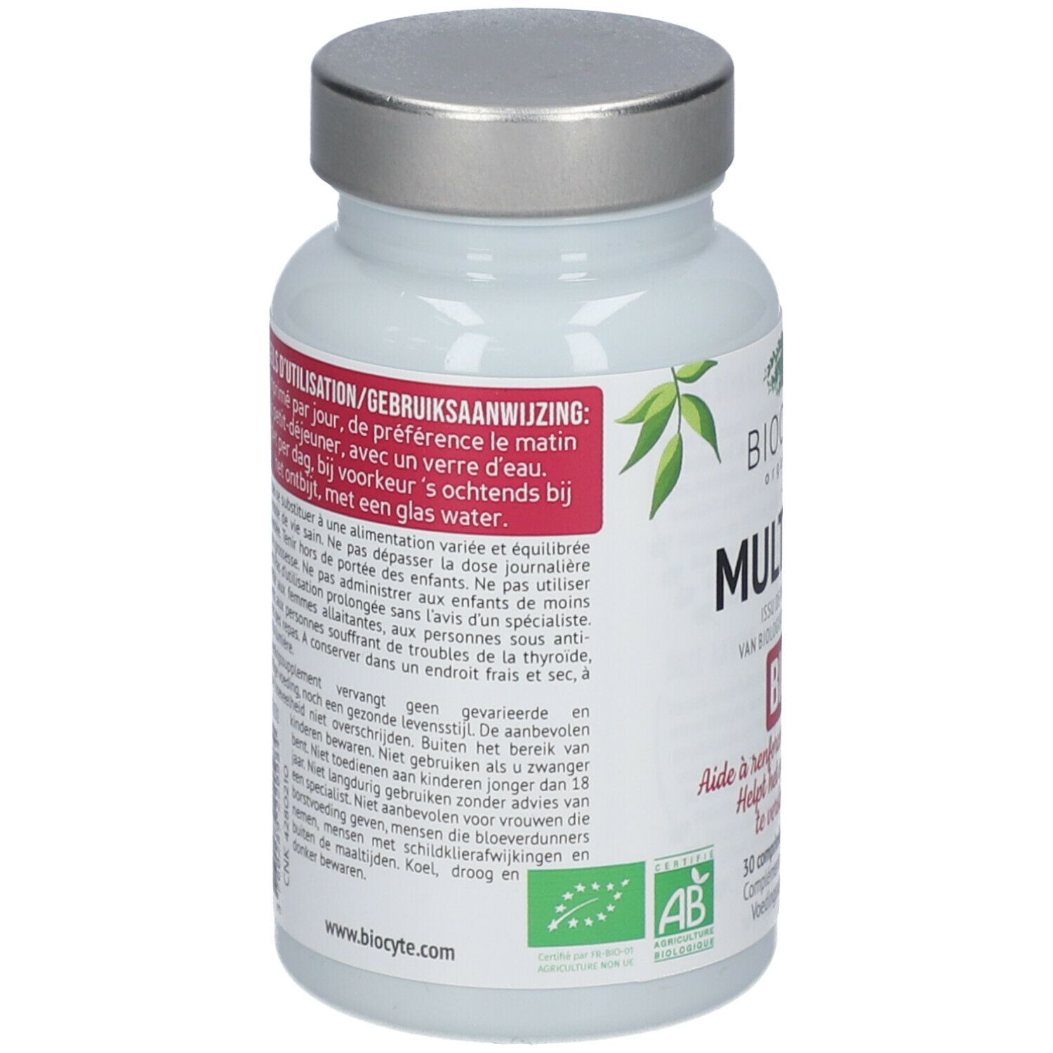 Flacon blanc, bouchon argenté. Inscription Biocyte Multivit Bio. Contient 30 comprimés. Label AB bio.