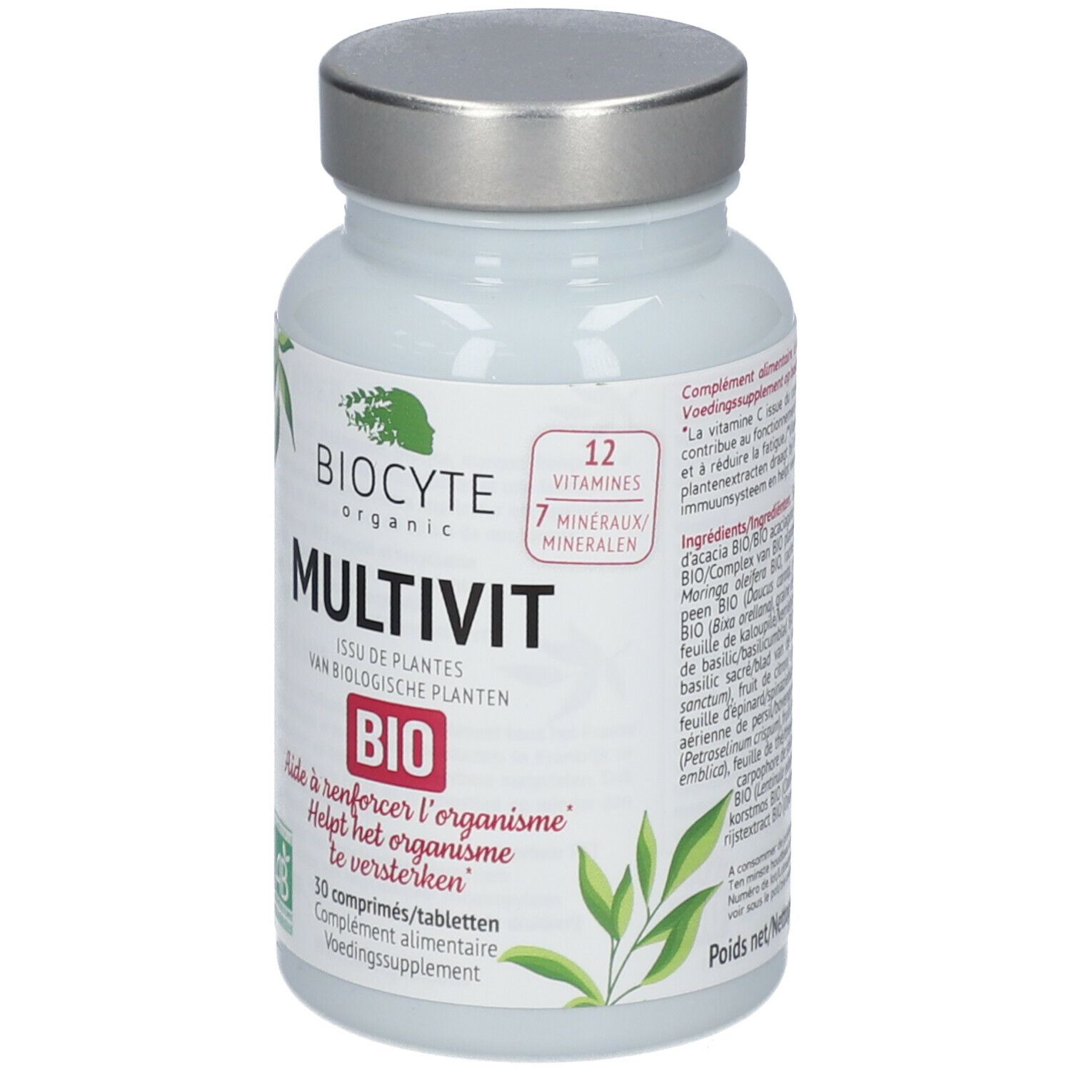 Flacon blanc, bouchon argenté. Inscription Biocyte Multivit Bio. Contient 30 comprimés. Label AB bio.