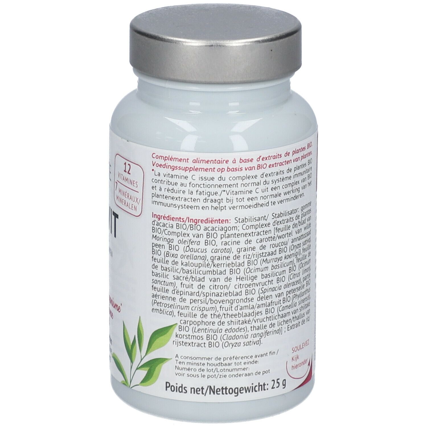 Flacon blanc, bouchon argenté. Inscription Biocyte Multivit Bio. Contient 30 comprimés. Label AB bio.