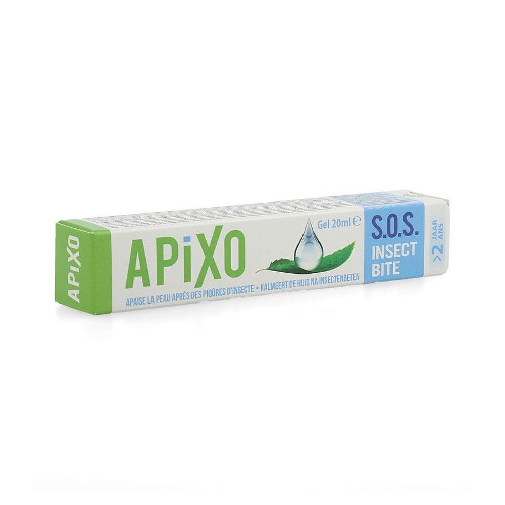 Emballage d'Apixo S.O.S. Insect Bite. Tube vert et blanc avec nom du produit et S.O.S. Insect Bite. Contient 20ml de gel.