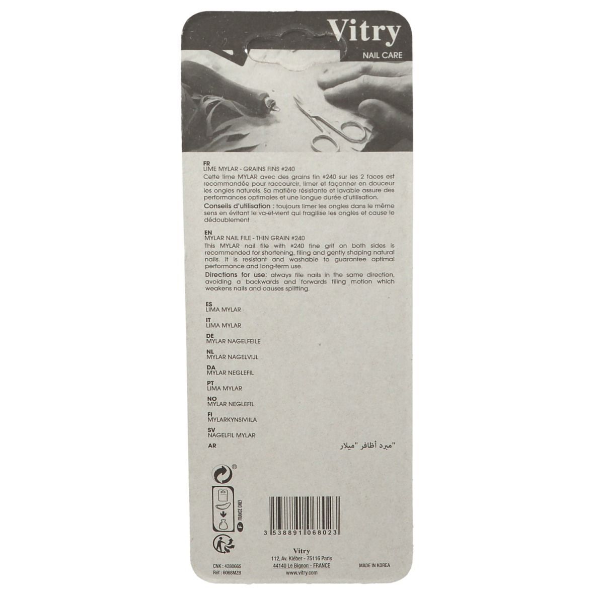 Dos de l'emballage. Texte multilingue. Marque Vitry. Produit: Lime à ongles Mylar.