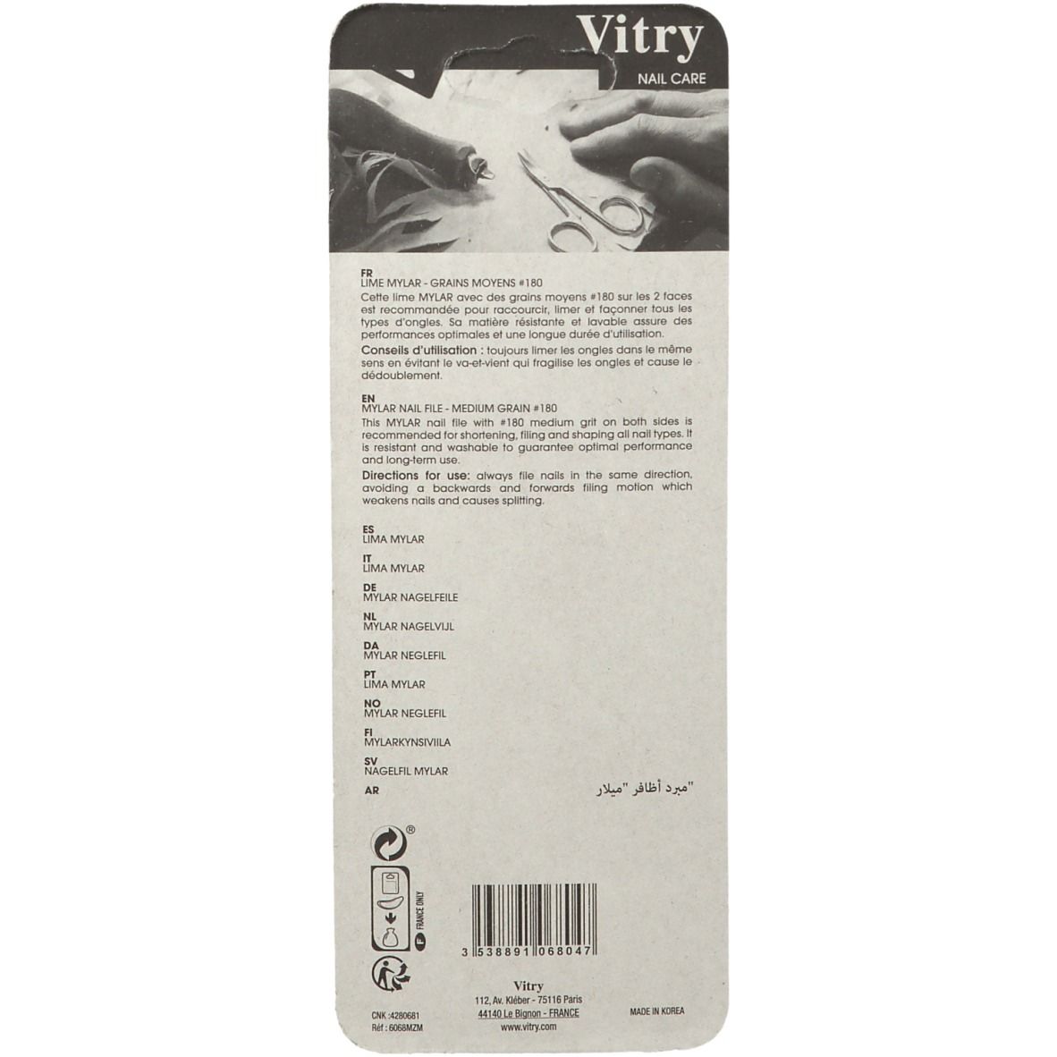 Dos de l'emballage. Texte multilingue. Marque Vitry. Produit: Lime à ongles.