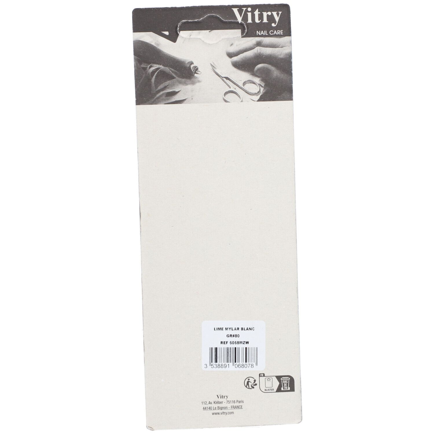 Dos de l'emballage. Marque Vitry. Inscription : Lime Mylar Blanc.