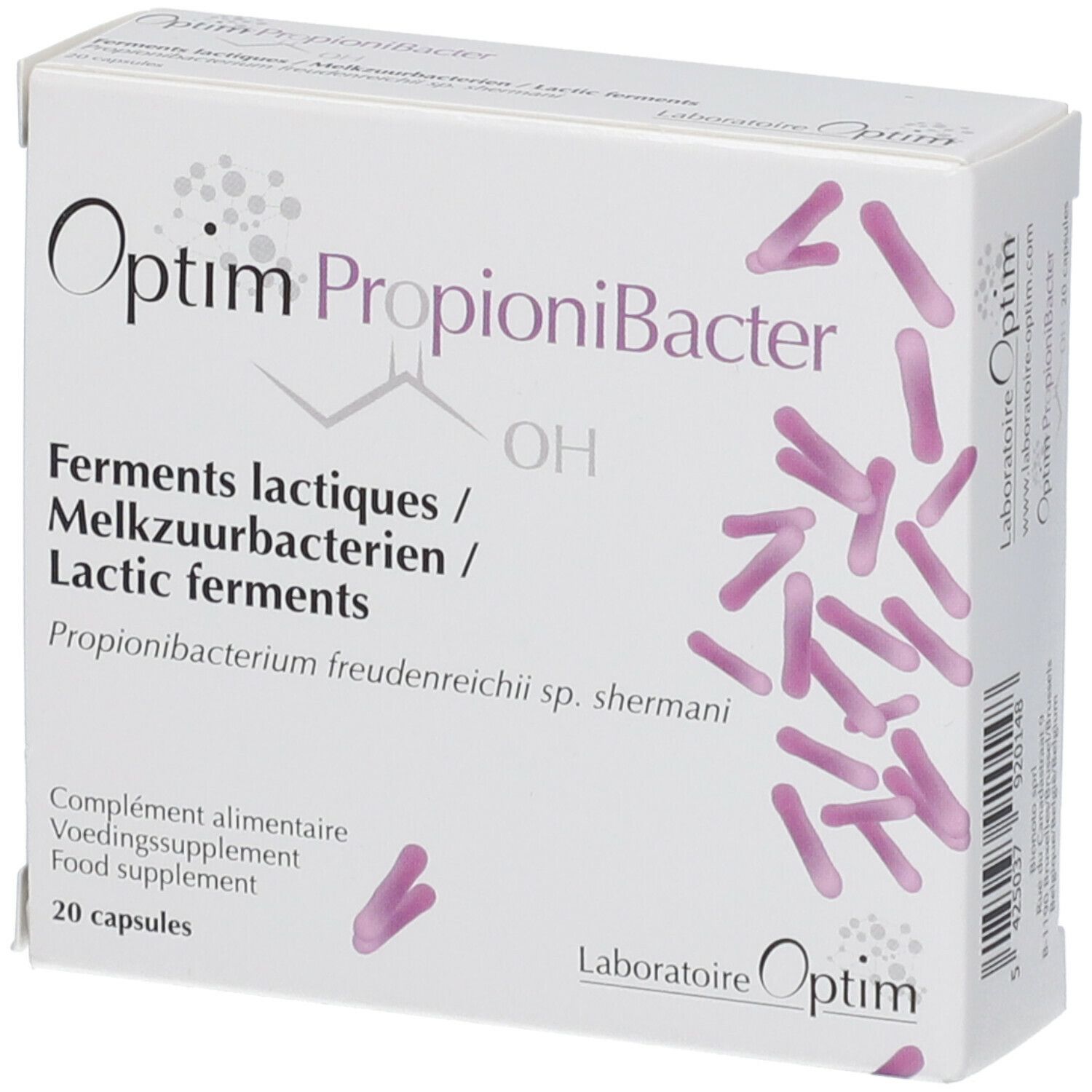 Boîte blanche "Optim PropioniBacter". Texte en français, néerlandais et anglais. 20 capsules.