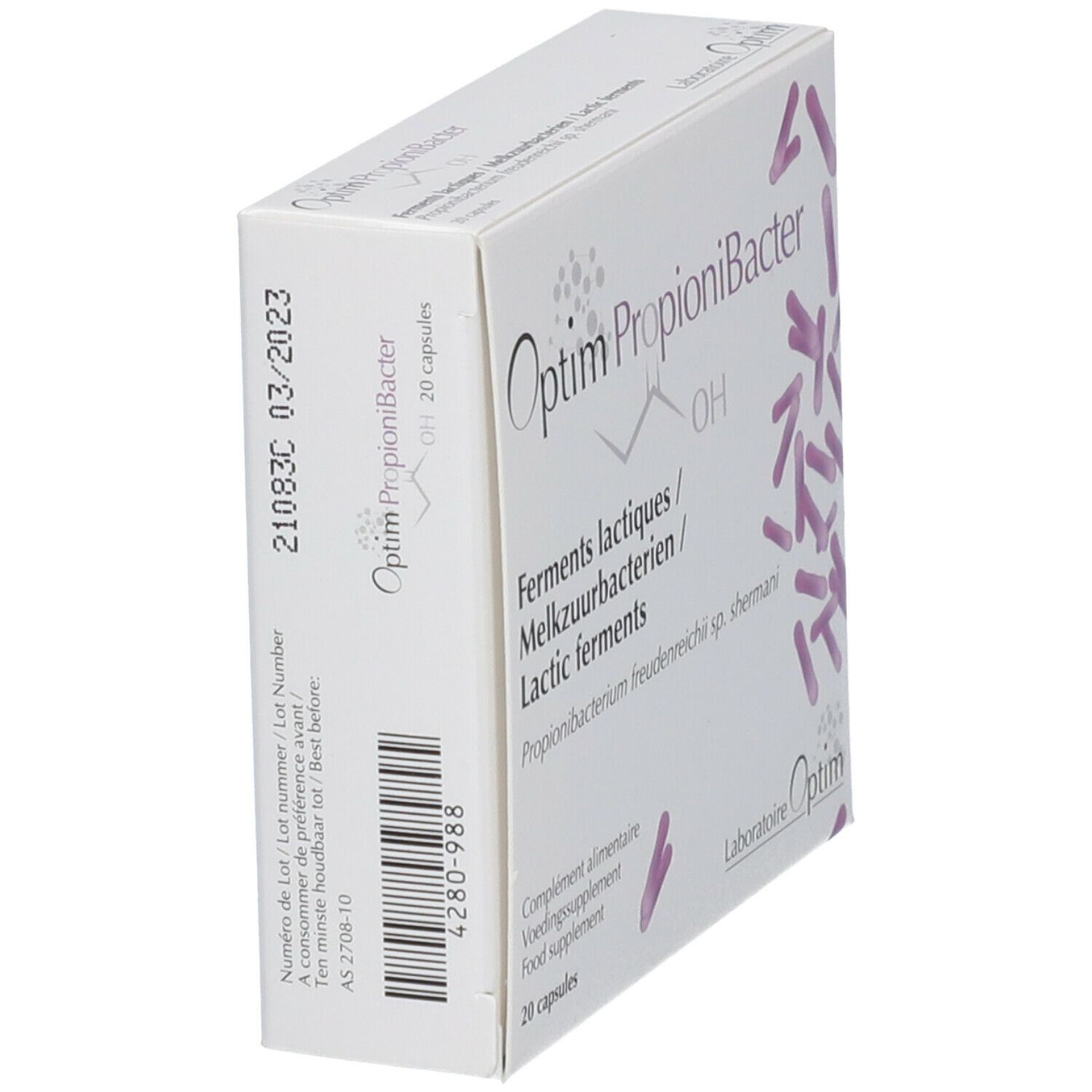 Boîte "Optim PropioniBacter" en biais. Impression avec date de péremption et numéro de lot. 20 capsules.