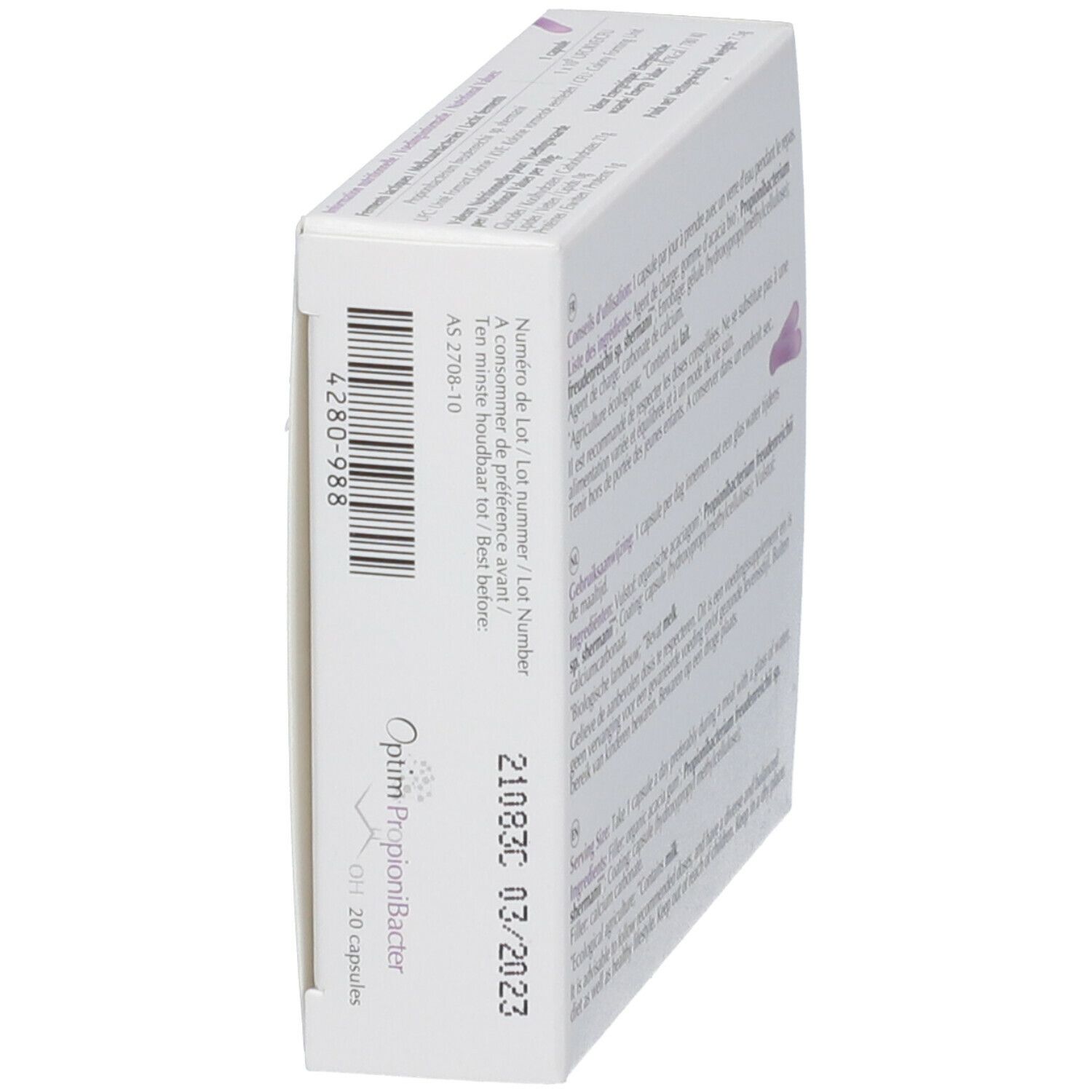 Boîte "Optim PropioniBacter" en biais. Impression avec date de péremption et numéro de lot. 20 capsules.