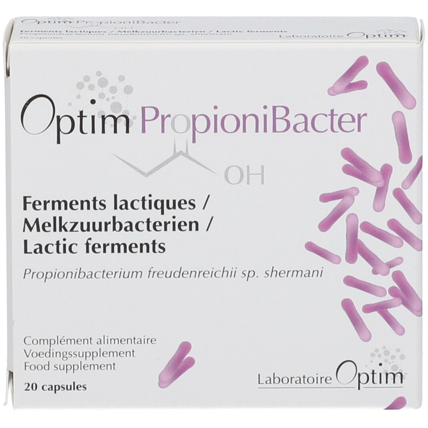 Boîte blanche "Optim PropioniBacter". Texte en français, néerlandais et anglais. 20 capsules.