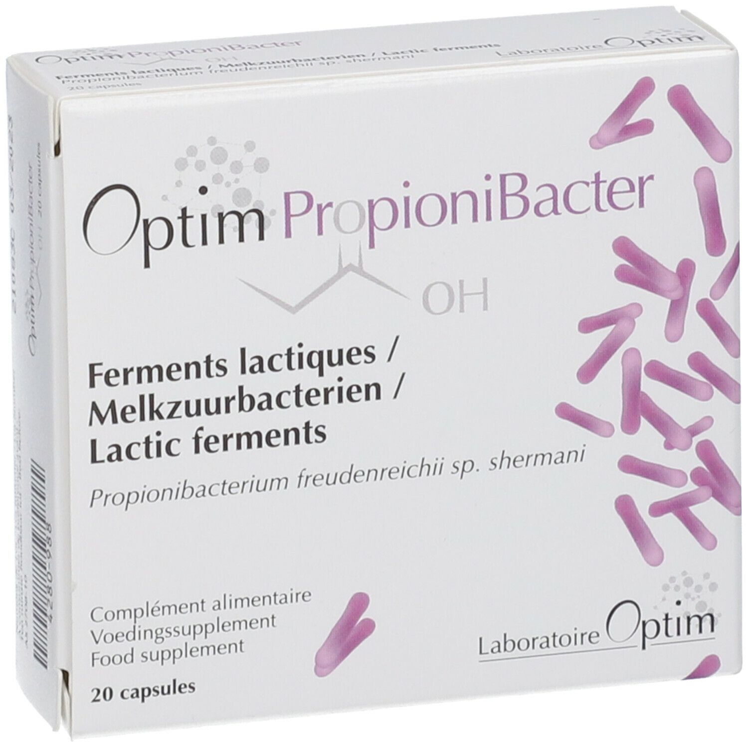 Boîte blanche "Optim PropioniBacter". Texte en français, néerlandais et anglais. 20 capsules.