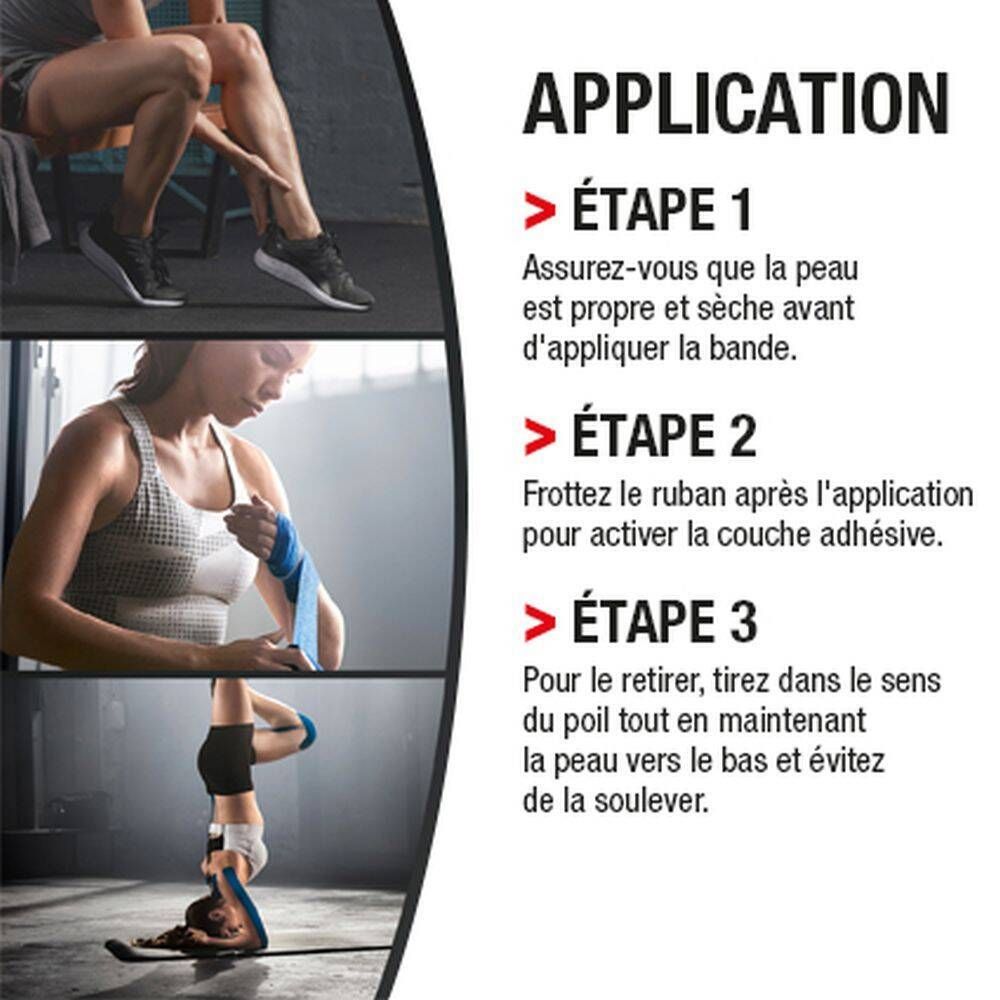 Instructions pour l'application de tape de kinésiologie en trois étapes.