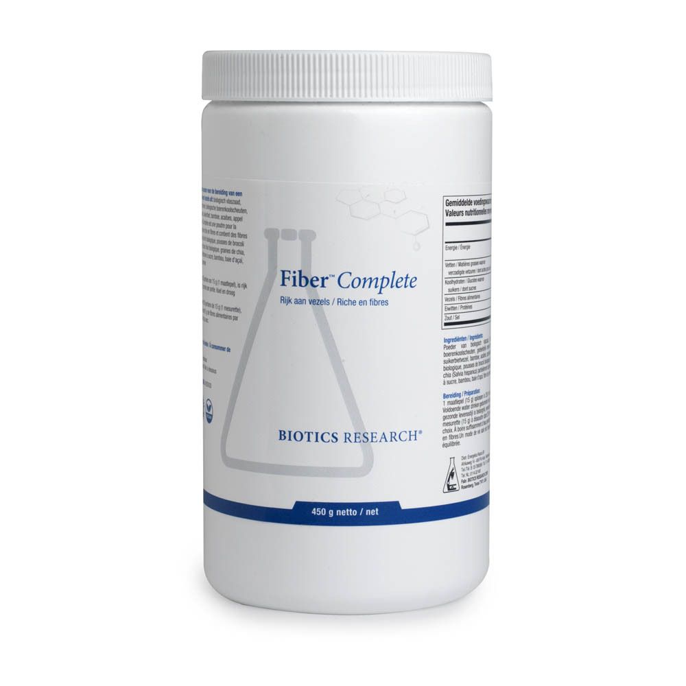 Boîte blanche avec couvercle. Inscription: Fiber Complete, Biotics Research. 450 g net. Texte en néerlandais et français.