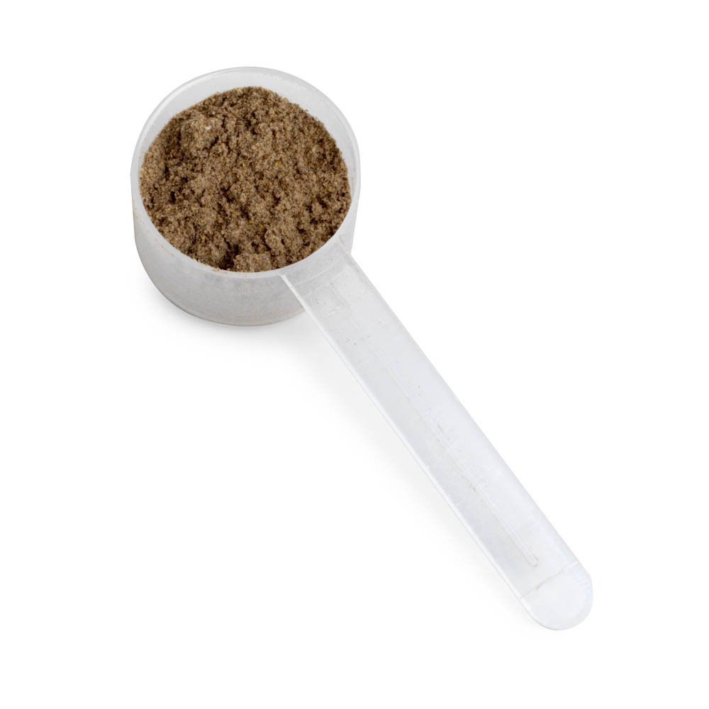 Boîte blanche avec couvercle et cuillère doseuse. Cuillère doseuse avec poudre brune. Inscription: Fiber Complete, Biotics Research.