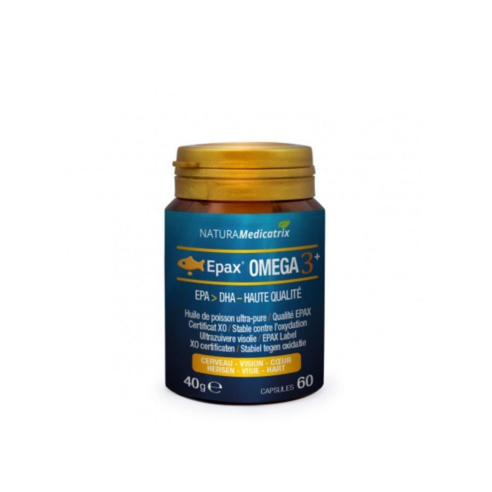 Flacon brun de gélules. Étiquette Epax Omega 3+. 60 gélules, 40g. Naturamedicatrix.