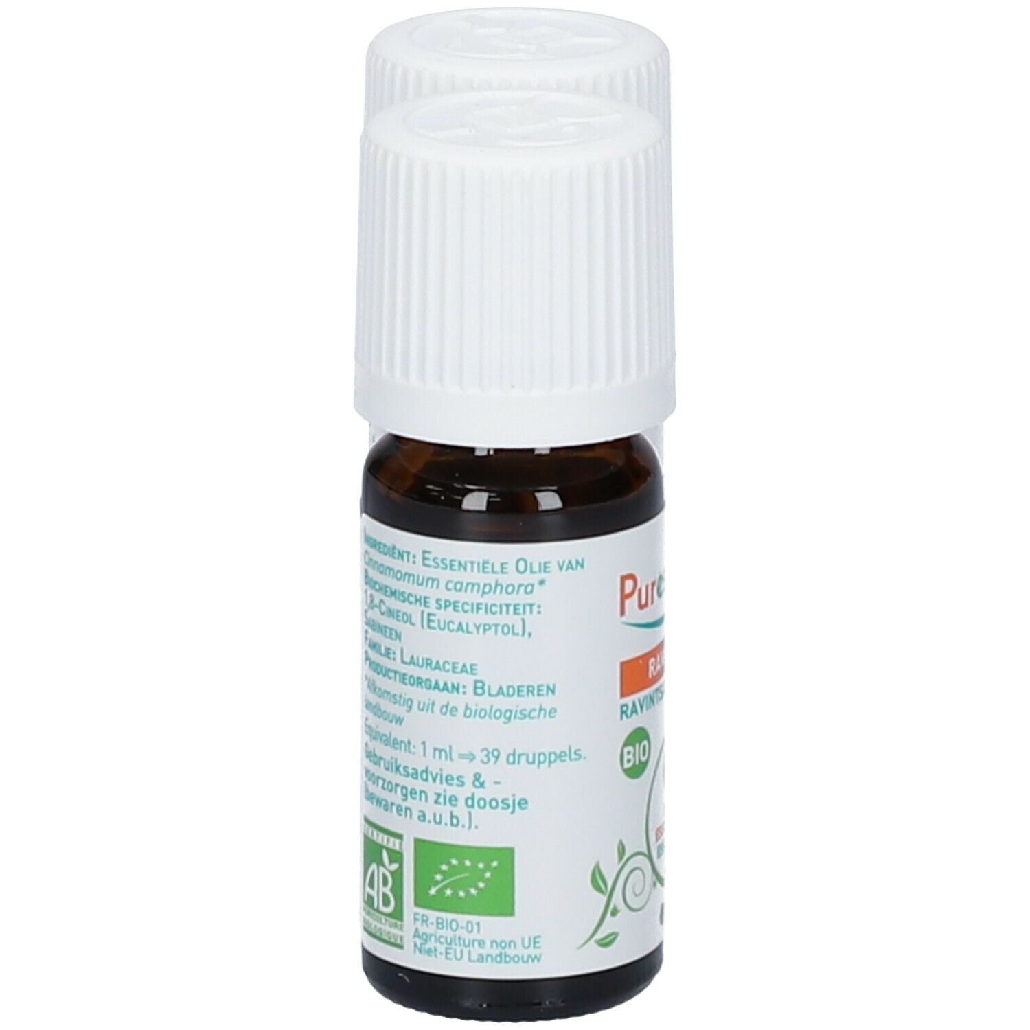 Flacon en verre brun avec bouchon blanc. Étiquette avec informations produit et label bio. Puressentiel Ravintsara.