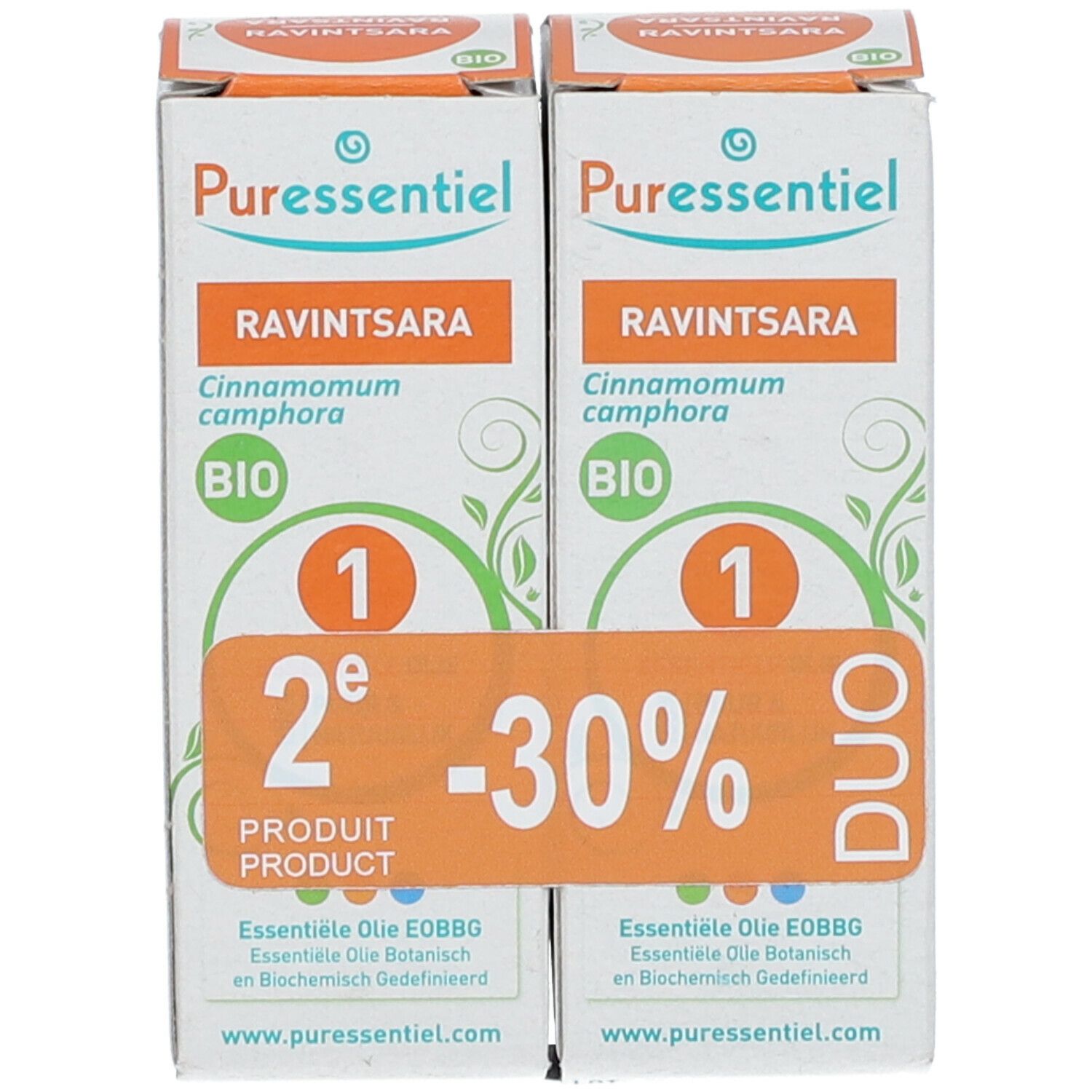 Deux emballages avec informations produit, 'DUO' et '2e produit -30%'. Puressentiel Ravintsara.