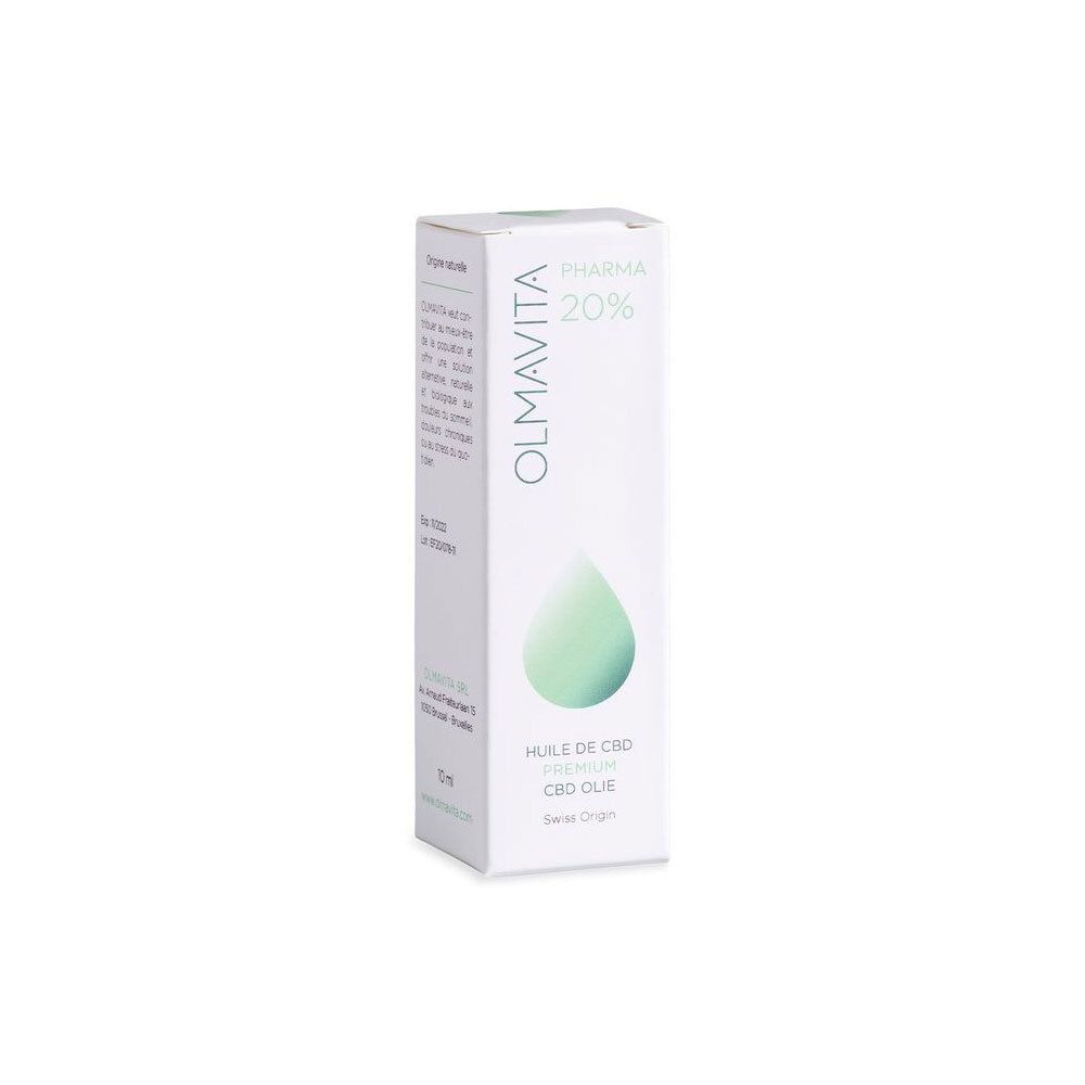 Emballage Olmavita Pharma 20% Huile de CBD. Boîte blanche, goutte verte et texte. Origine Suisse.
