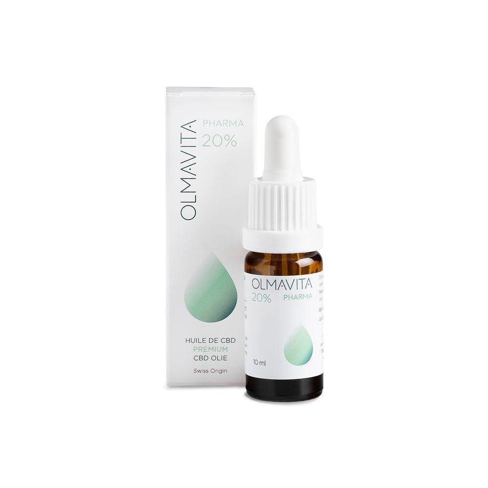 Flacon et emballage Olmavita Pharma 20% Huile de CBD. Flacon en verre brun avec pipette. Goutte verte.