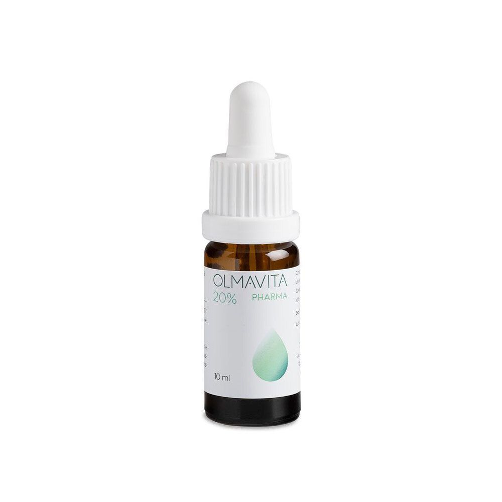 Flacon Olmavita Pharma 20% Huile de CBD. Flacon en verre brun avec pipette. Goutte verte et texte.