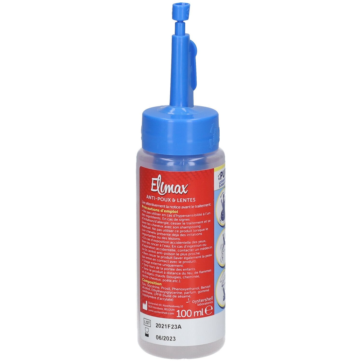 Flacon avec applicateur bleu. Inscription Elimax Anti-Poux & Lentes. Étiquettes rouges et blanches. 100 ml.