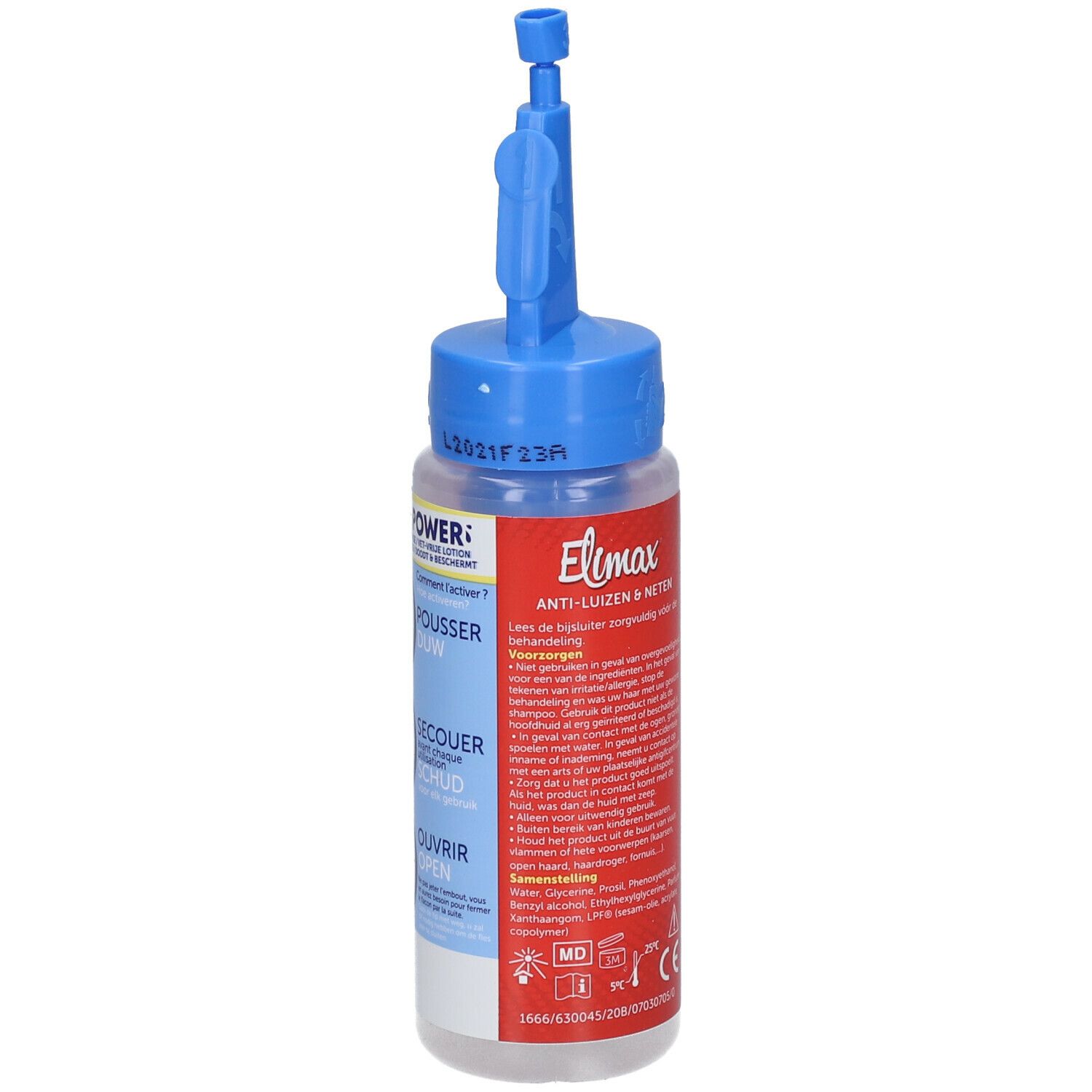 Flacon avec applicateur bleu. Inscription Elimax Anti-Poux & Lentes. Étiquettes rouges et blanches. Informations détaillées.