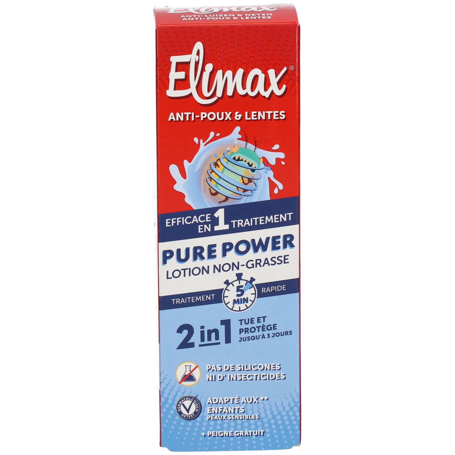 Boîte. Inscription Elimax Anti-Poux & Lentes. Pure Power Lotion Non Grasse. 2 en 1. Avec peigne.