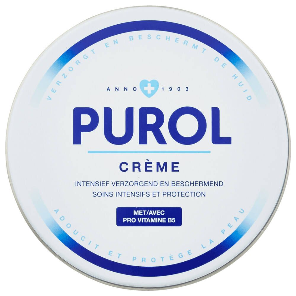 Boîte ronde blanche et bleue. Inscription PUROL Crème. Texte: Soins intensifs et protection. Avec Pro Vitamine B5.