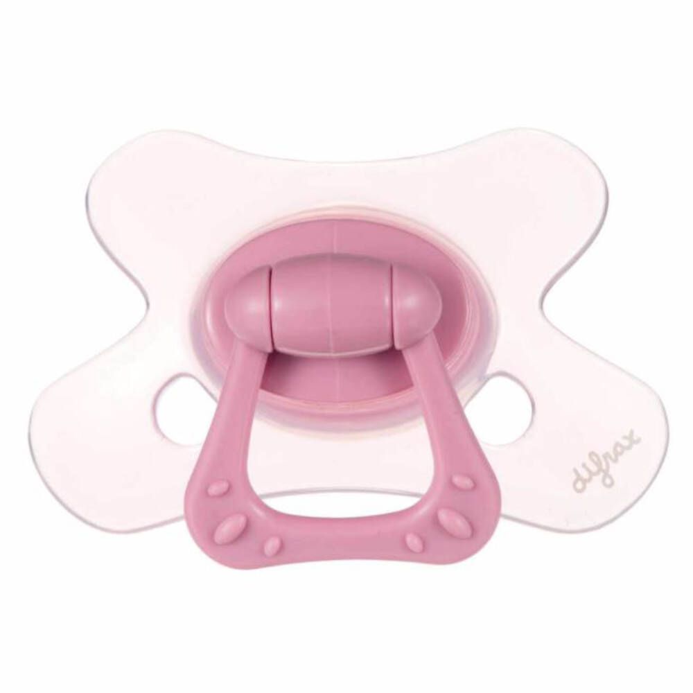 Sucette rose avec bouclier blanc. Poignée avec découpes. Marque difrax.