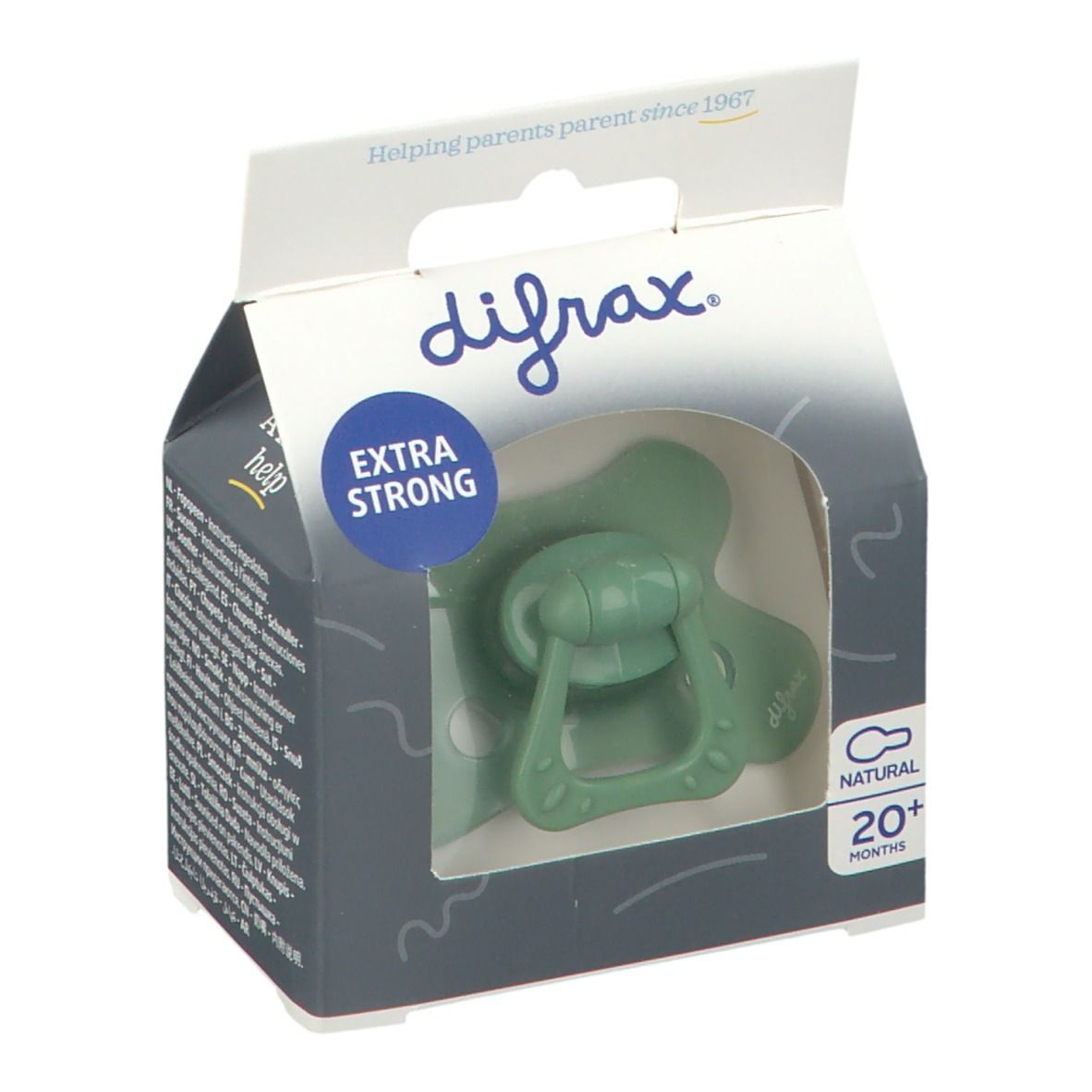 Emballage avec sucette verte. L'emballage indique difrax, EXTRA STRONG et NATURAL 20+ mois.